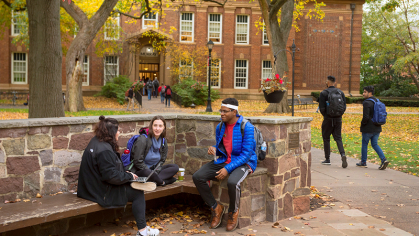 students on campus in the fall