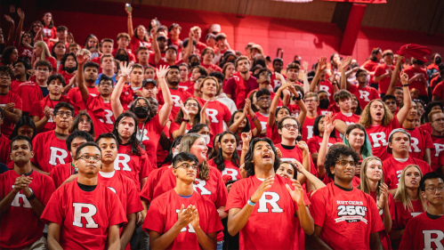 Students cheering during the Rutgers Athletics pep rally following the New Student Convocation at Rutgers–New Brunswick. 