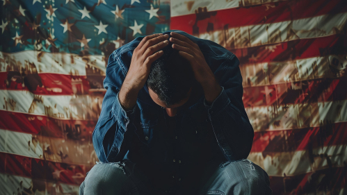 worried man in front of U.S. flag