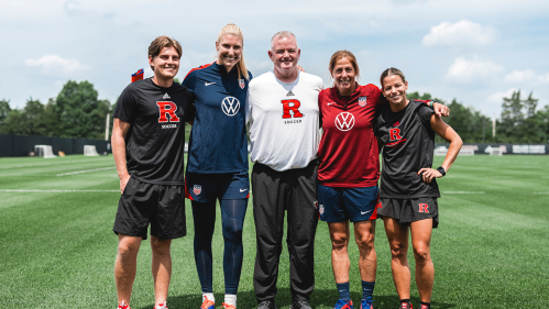 From left to right: Women's soccer assistant coach Ryan Nigro; U.S. Women's Soccer Team goalie Casey Murphy; women's soccer head coach Mike O'Neill; U.S. Women's Soccer Team assistant coach Denise Reddy and women's soccer director of operations Trish DiPaolo.
