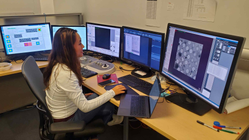 Woman sits before four computer screens examining images.