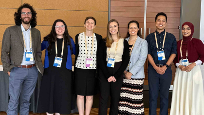 Members of the 2025-2026 Eagleton Science and Politics Fellowship Cohort (from left to right): Zarchary Goldberg, Sophia Vicente, Emily Boltcreed, Carolyn Schaefer, Lindsey Fernandez, Hao "Nick" Zhang and Iram Mansoor. Photo Credit: Eagleton Institute of Politics