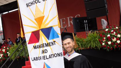 School of Management and Labor Relations gonfalon at university commencement