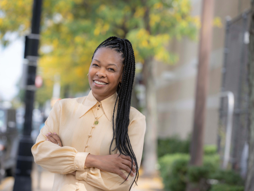 Rosann Richards standing outside of the Newark campus