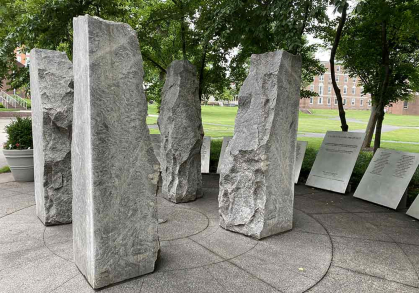 At Vorhees Mall behind Scott Hall and you’ll come across A World Turned Inside Out, a World War II memorial.