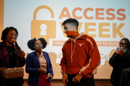 Tiffiny Butler (left), the associate vice chancellor for educational equity at DICE, and Tabitha Pierre, an educational equity strategic initiatives coordinator, engage with attendees of last year’s alumni mixer and symposium at the Zimmerli Art Museum. 