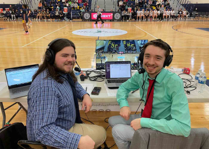 In February, Eddie Kalegi (left) was a play-by-play announcer alongside Alec Crouthamel, who graduated from Rutgers in May, covering the Metro Classic high school basketball showcase at Franklin High School in New Jersey for League Ready.