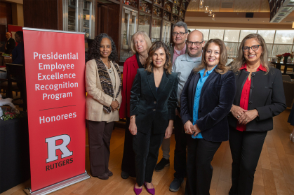 Gateway Service to Students Team Award recipients. (Back row L to R) Lydia Prendergast, Margaret Cozzens, Uli Kremer and David Pennock. (Front Row L to R) Anna Paula Centeno, Hayet Bensetti-Benbader, and Sangya Varma.