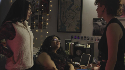 Actors Yasemin Goncu (left), Ashavari Bhattacharya and Meg Moynahan appear in the 5-minute short, "His New Girl."