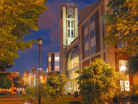 Rutgers Newark Center for Law and Justice at night.